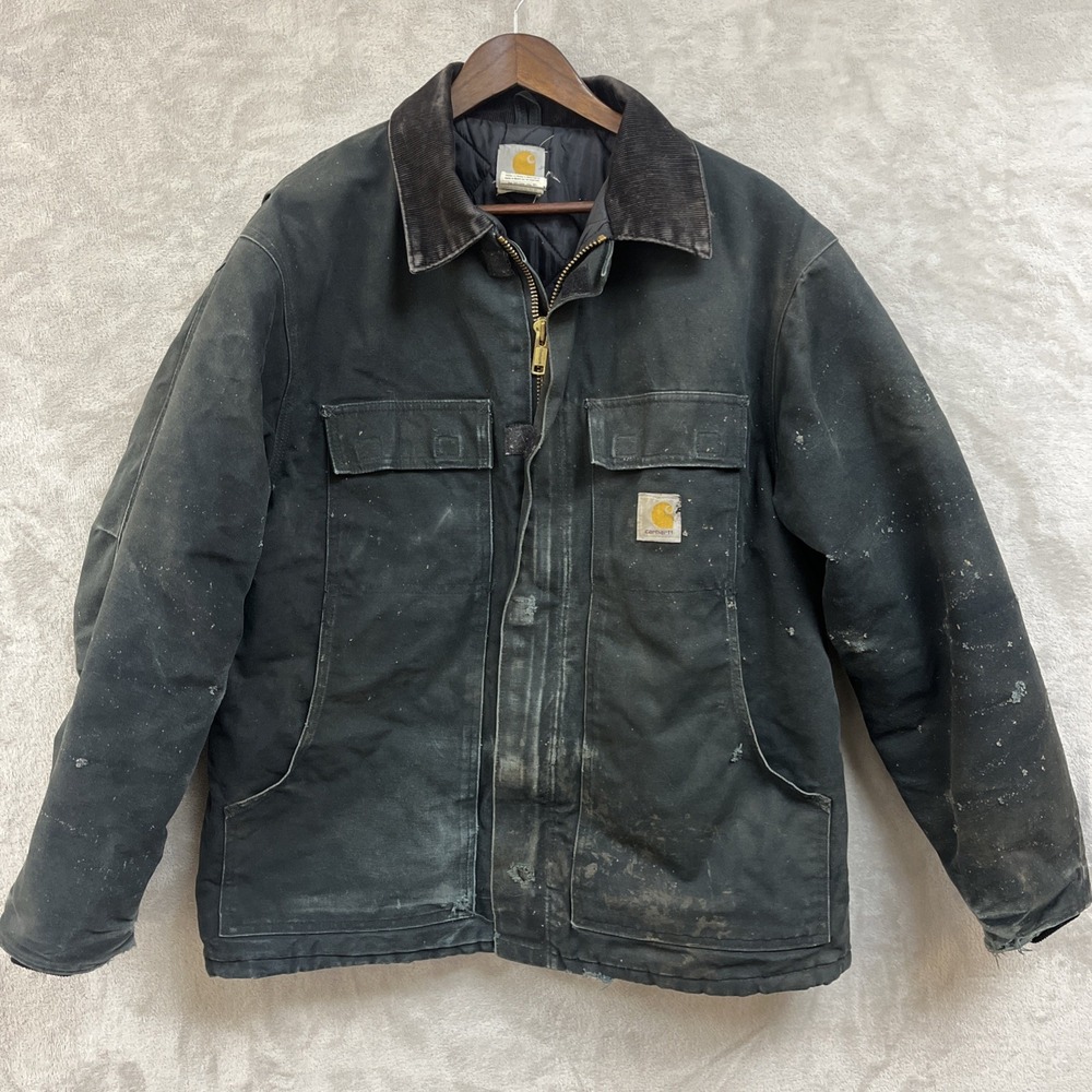Vintage Carhartt Jacket Men's 44 XL Detroit Thrashed Black Canvas Brown Corduroy